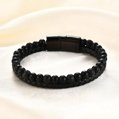 MYNENEY Stainless steel tiger eye stone cuff leather bracelet with bead, hand woven double-layer men's bracelet (Black, 9, Inches)
