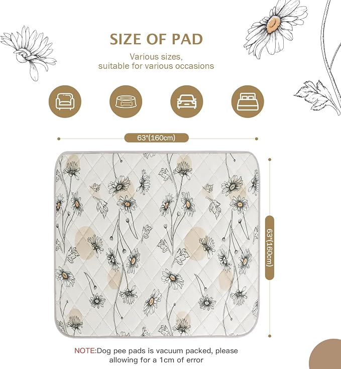 IEUUMLER Washable Pee Pads for Dogs, 1 Pack Non-Slip & Waterproof Pack Whelping Pad, Reusable Washable Puppy Potty Training Pad with Fast Absorbent for Playpen EU007 (Beige Daisy, 63"X63"-1pcs)