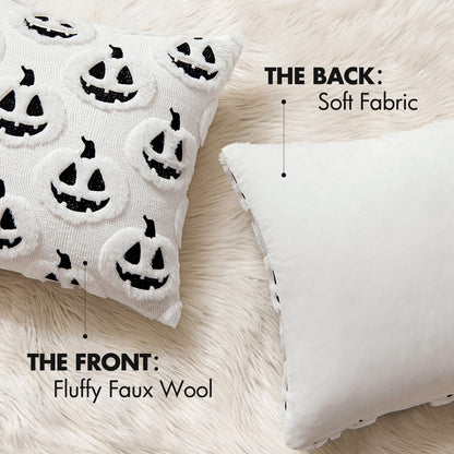 MIULEE Thanksgiving Fall Halloween Throw Pillow Covers 18x18 Decorative Pumpkin Pattern Pillowcases Soft Plush Faux Wool Cushions for Home Patio Sofa Couch,White