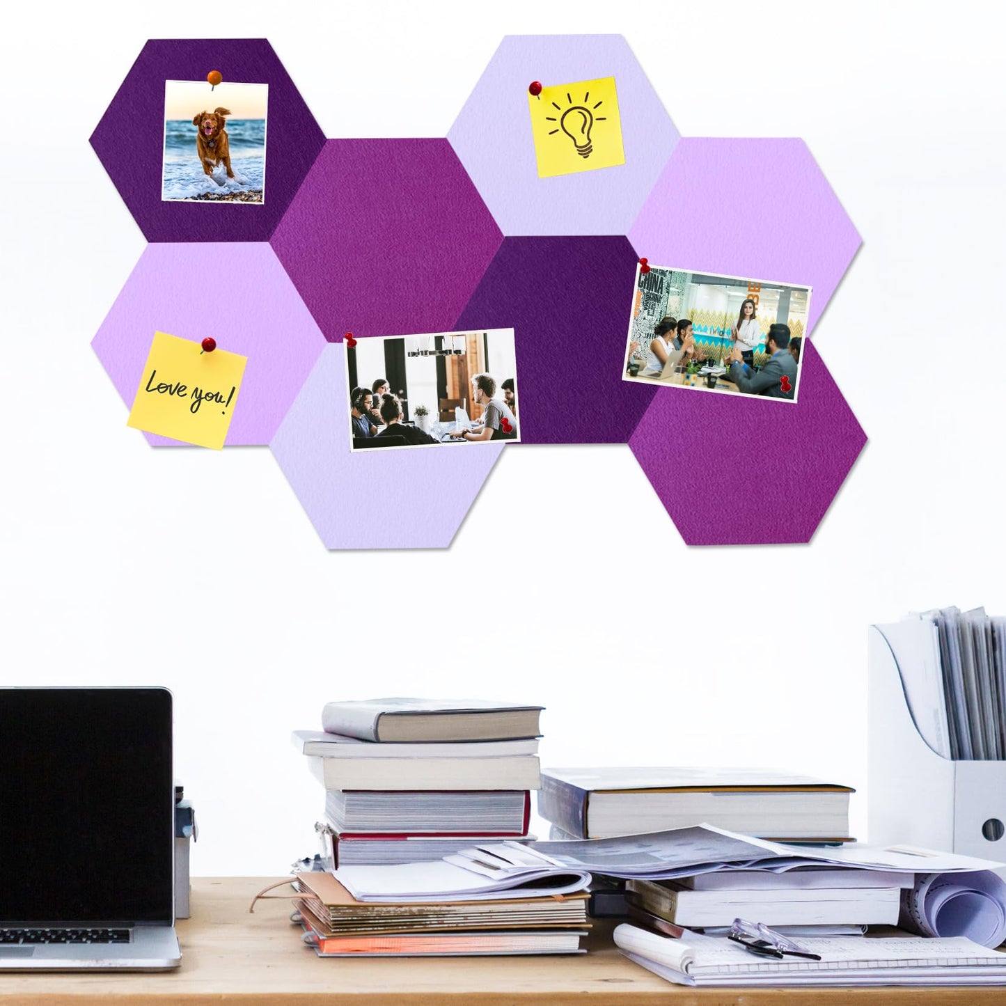 HULAVO Large Hexagon Felt Cork Board Tiles, Self Adhesive DIY Felt Bulletin Board Pin Board with 35 Pushpins for Office School Home Wall Decor Stickers Memos Photos Display(Gradual Purple)