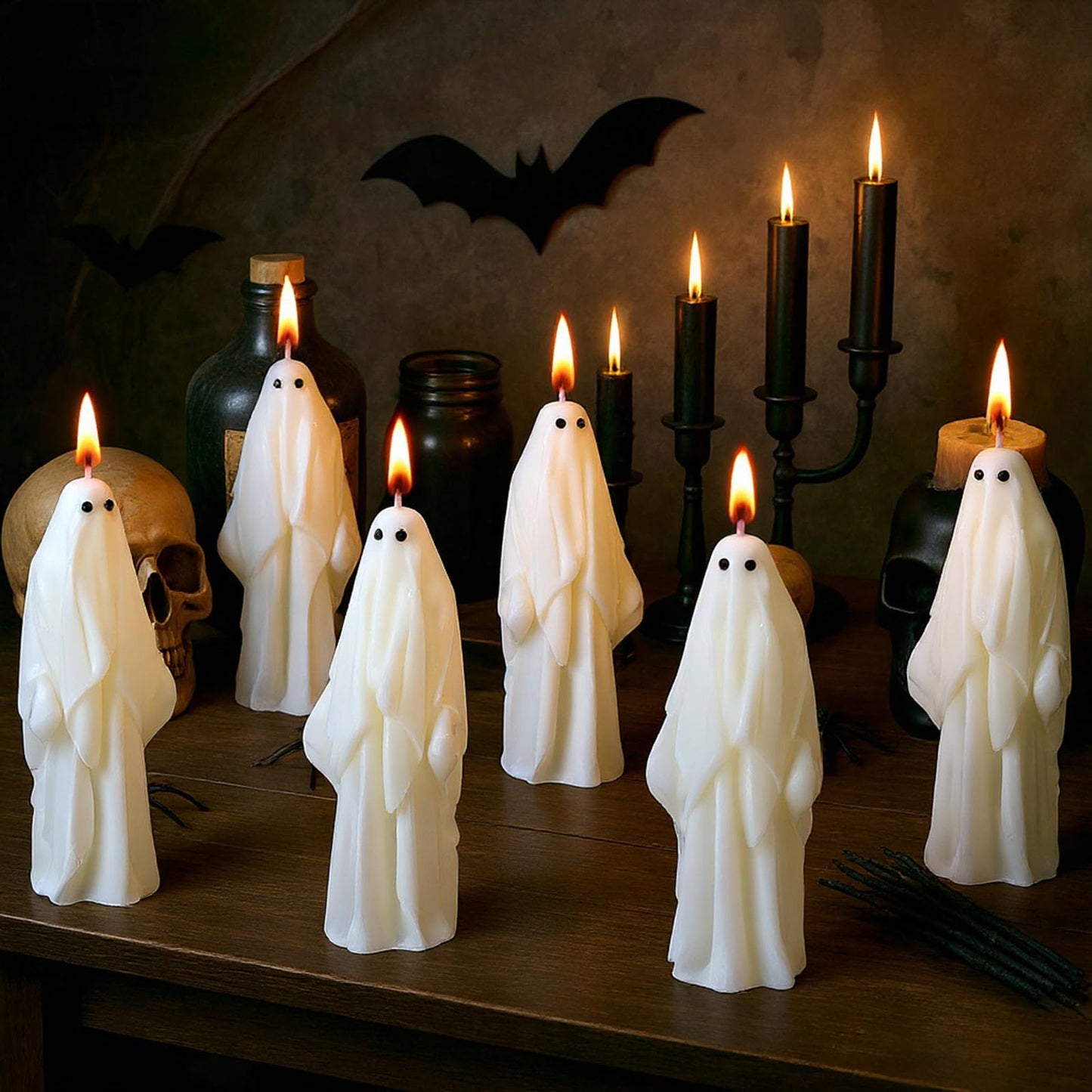 Syhood 6 Pcs Halloween Ghost Candles Gothic Spooky Ghost Taper Candles Soy Wax Gifts for Boo Basket Stuffers Halloween Room Table Indoor Decoration