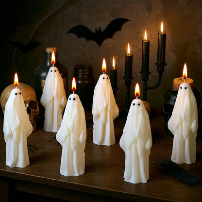 Syhood 6 Pcs Halloween Ghost Candles Gothic Spooky Ghost Taper Candles Soy Wax Gifts for Boo Basket Stuffers Halloween Room Table Indoor Decoration