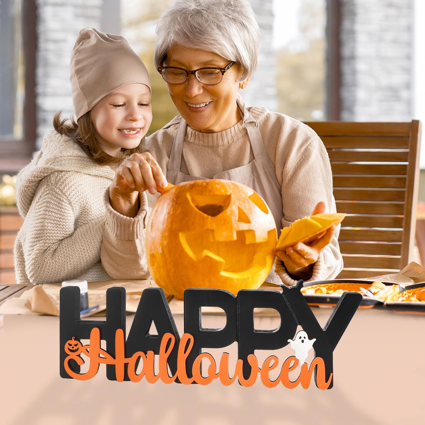 COCHIE Wooden Happy Halloween Sign, Ghost Decorations for Home, Office, Shelf, Mantel, Indoor, Wood J-o-lantern Pumpkin Decor, Black Orange Spooky Table Top Party Decoration (Happy Halloween)