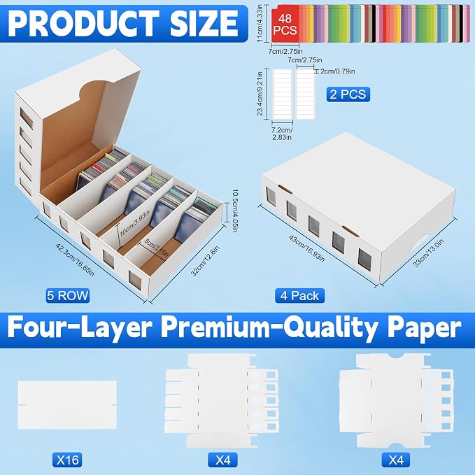 4 Pack Trading Card Storage Box, 14800+ Count Card Storage Box with 48 Card Divider White Sports Storage Card Box Organizer Bulk Card Cases Cardboard Card Box for Basketball MTG Cards Collection