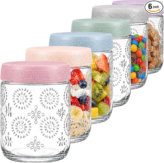 Glass Overnight Oats Containers with Airtight Lids, Decorative Mason Jars | Glass Food Storage Containers for Meal Prep, Chia Seed Pudding, Salad, Snacks, Yogurt, 6 pack16oz, Wide Mouth,Dishwasher Safe