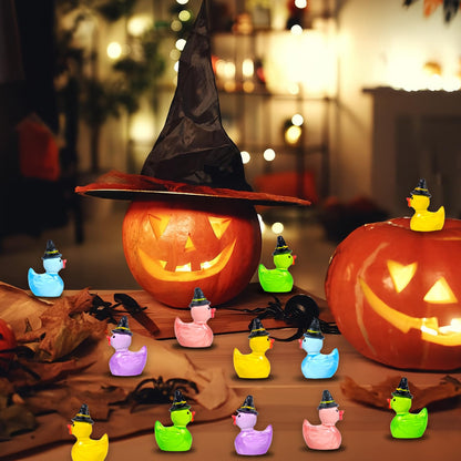 Feivando 50 Pcs Halloween Luminous Mini Resin Ducks Glow in The Dark Tiny Little Duck Figures with Witch Hat Miniature Figurines for Halloween Crafts Micro Landscape Fairy Garden Party Decor