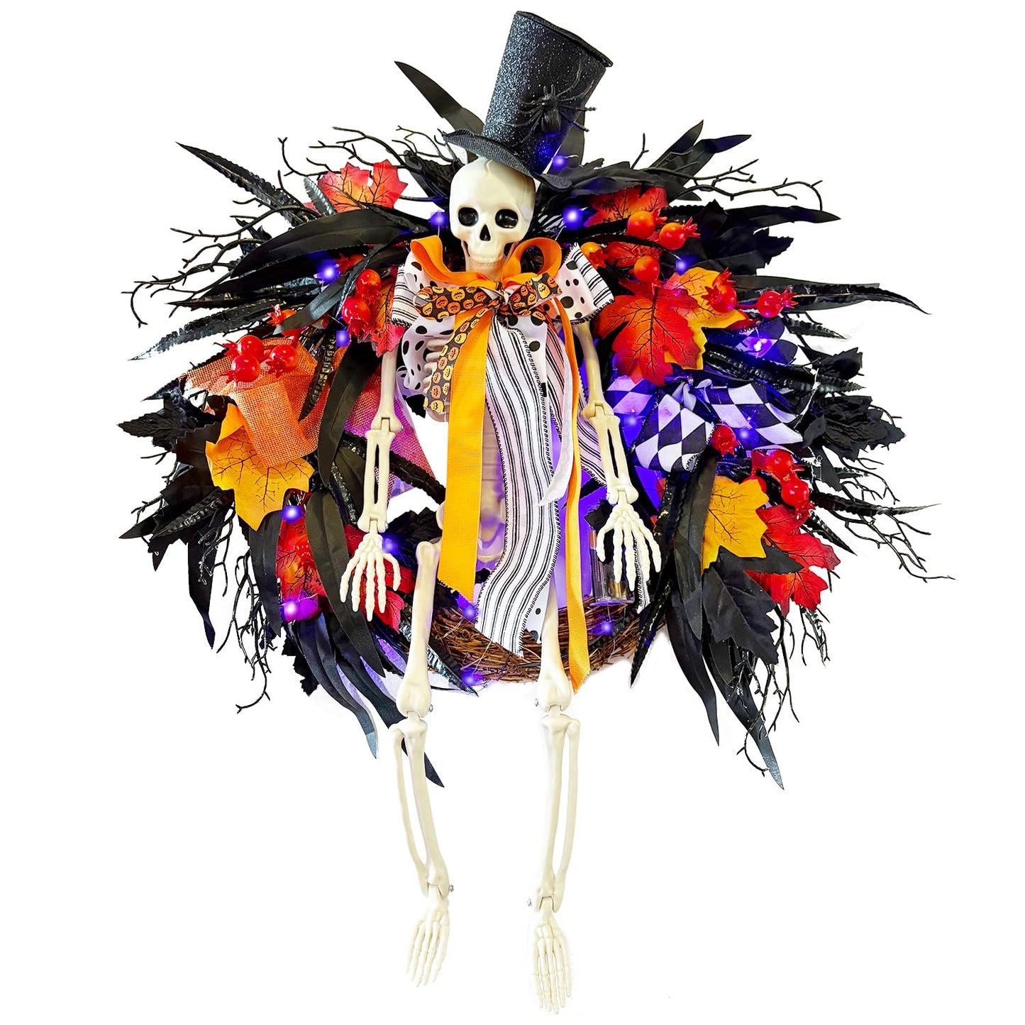 HipTree 28 Inch Halloween Skeleton Wreath for Front Door with Lights, Lighted Gothic Dark Aesthetic Door Wreath with Autumn Leaves Indoor Decorations Centerpiece Party Holiday Wall Home Decor