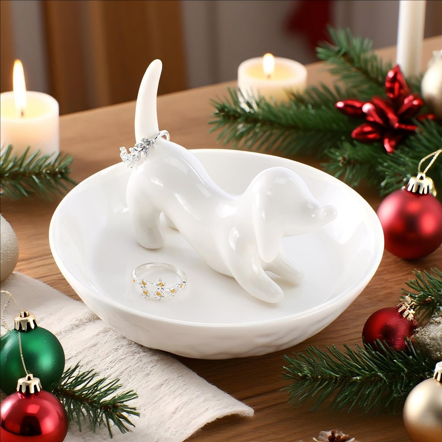 HOME SMILE Dog Ring Holder,Ceramic White Jewelry Tray Holder,Dog Mom Gifts for Women Christmas Valentines Mothers Day