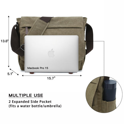 Dasein Large Vintage Canvas Messenger Shoulder Bag, Army Green, 15in Laptop Capacity