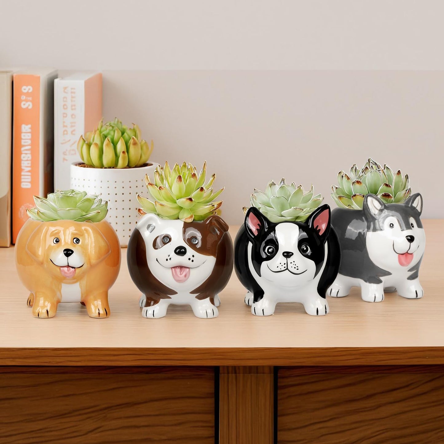 EFISPSS 4PCS Animal Succulent Plant Pots, Mini Doggy Shape Succulent Planter Pots with Drainage Hole, Ceramic Flower Pots for Home Decor and Office Desk Decoration