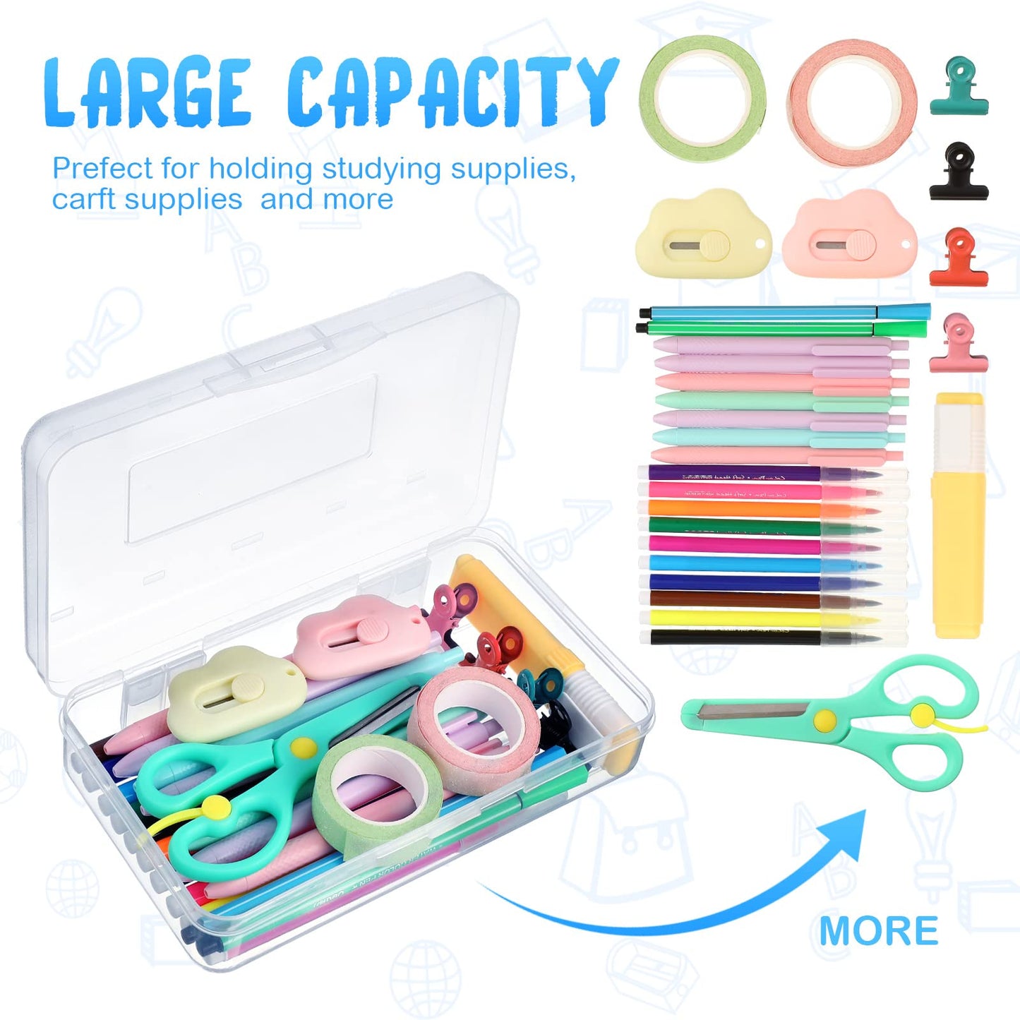 Leelosp 12 Pack Clear Pencil Boxes for School Bulk, Large Plastic Pencil Case with Lid, Stackable Hard Crayon Storage Box for Classroom Kids, Desk Drawer Organizer for Office Home(Clear)