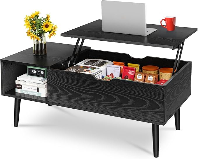 OLIXIS Wood Coffee Table Lift Top Coffee Tables for Living Room Office, Small Rising Wooden Center Tables with Large Storage Shelf and Hidden Compartment, Black