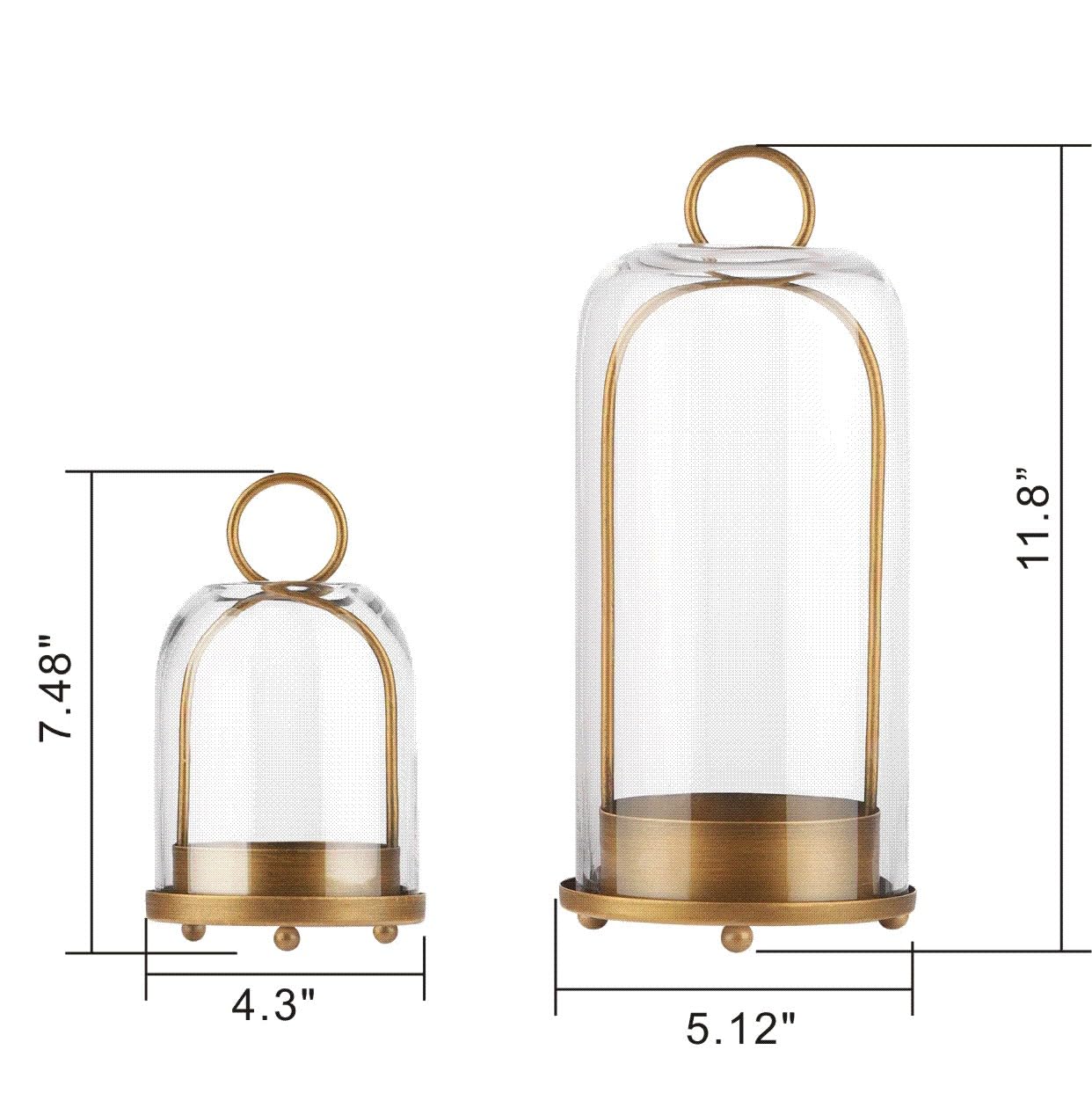 5" & 4" Wide Versatile Metal Candle Holder with Handmade Sturdy Glass Dome in Brass for Pillar Candle & Plants, 5.1" xH11.8 4" xH7.5, Industrial, Farmhouse, Shabby Chic. (2, Brass, Large & Small)