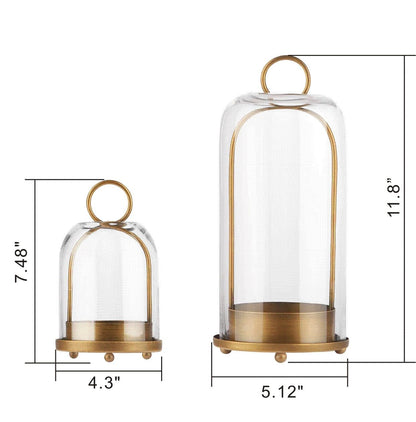 5" & 4" Wide Versatile Metal Candle Holder with Handmade Sturdy Glass Dome in Brass for Pillar Candle & Plants, 5.1" xH11.8 4" xH7.5, Industrial, Farmhouse, Shabby Chic. (2, Brass, Large & Small)
