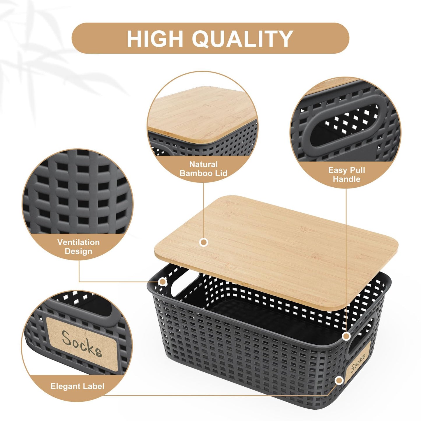 6Pcs Storage Bins with Lids, Stackable Plastic Storage Basket with Bamboo Lid, Pantry Organizer Box Small Containers for Organizing Shelves Drawer Desktop Closet Cabinet Office Classroom 10x7.1x4.1in