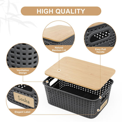 6Pcs Storage Bins with Lids, Stackable Plastic Storage Basket with Bamboo Lid, Pantry Organizer Box Small Containers for Organizing Shelves Drawer Desktop Closet Cabinet Office Classroom 10x7.1x4.1in