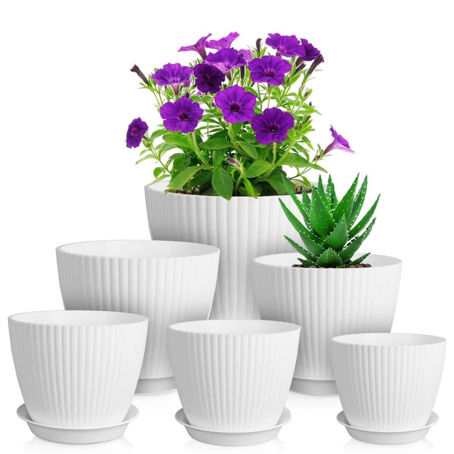 Meowell 7/6.2/5.5/5/4.5/4 inch Plant Pots, 6 Pack Flower Pots for Small Indoor Outdoor Plants, Plastic Planters with Drainage Holes and Saucers for Garden Succulent House Plants, White