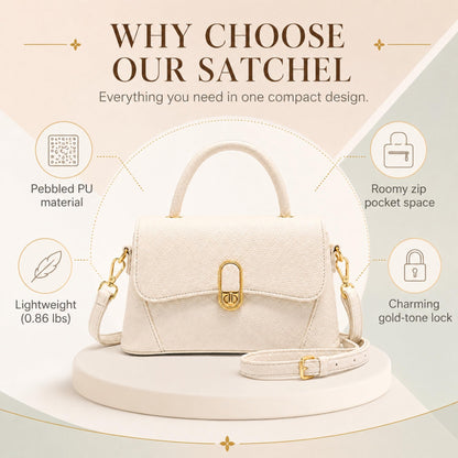 Crossbody Bag for Women Small Satchel Purse, Pebbled PU Leather Handbag with Top Handle, Adjustable Strap, Gold Turn Lock, Zip Pocket, White Everyday Shoulder Bag
