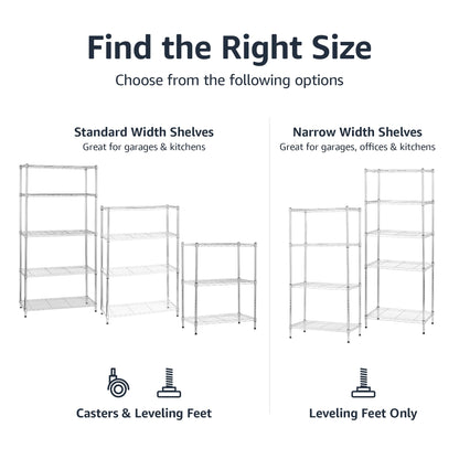 Amazon Basics 5-Shelf Adjustable, Heavy Duty Storage Shelving Unit on 4" Wheel Casters, Easy to Move Portable Wire Shelving, No Tools Needed for Easy Assembly, 30" x 14" x 64.8", Chrome