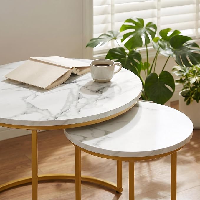 Round Nesting Coffee Table Set of 2, Modern Marble Pattern Wooden Nesting Tables, Stacking Minimalist End Table for Living Room Bedroom Small Space, (Glod Leg+White top)
