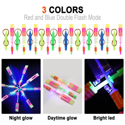 lpvoqpth 25 Sets LED Flying Set, 25 Slingshot+25 Glow Helicopter-50 Pcs, Flying Toy Outdoor Toys Glow in the Dark Party Supplies Party Favors for Kids 8-12,4-8