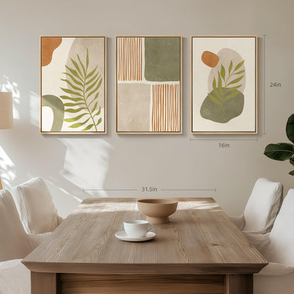 Framed Boho Sage Green Wall Art for Living Room, Large Mid Century Modern Tropical Leaf Canvas Artwork for Walls, 3 Piece Beige Orange Bohemian Wall Art Prints for Bedroom Kitchen Hallway, 16x24 Inch