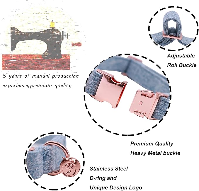 DOGWONG Hemp Cotton Dog Collar with Bow, Blue Pet Collar Durable Adjustable Puppy Collar for Large Dogs
