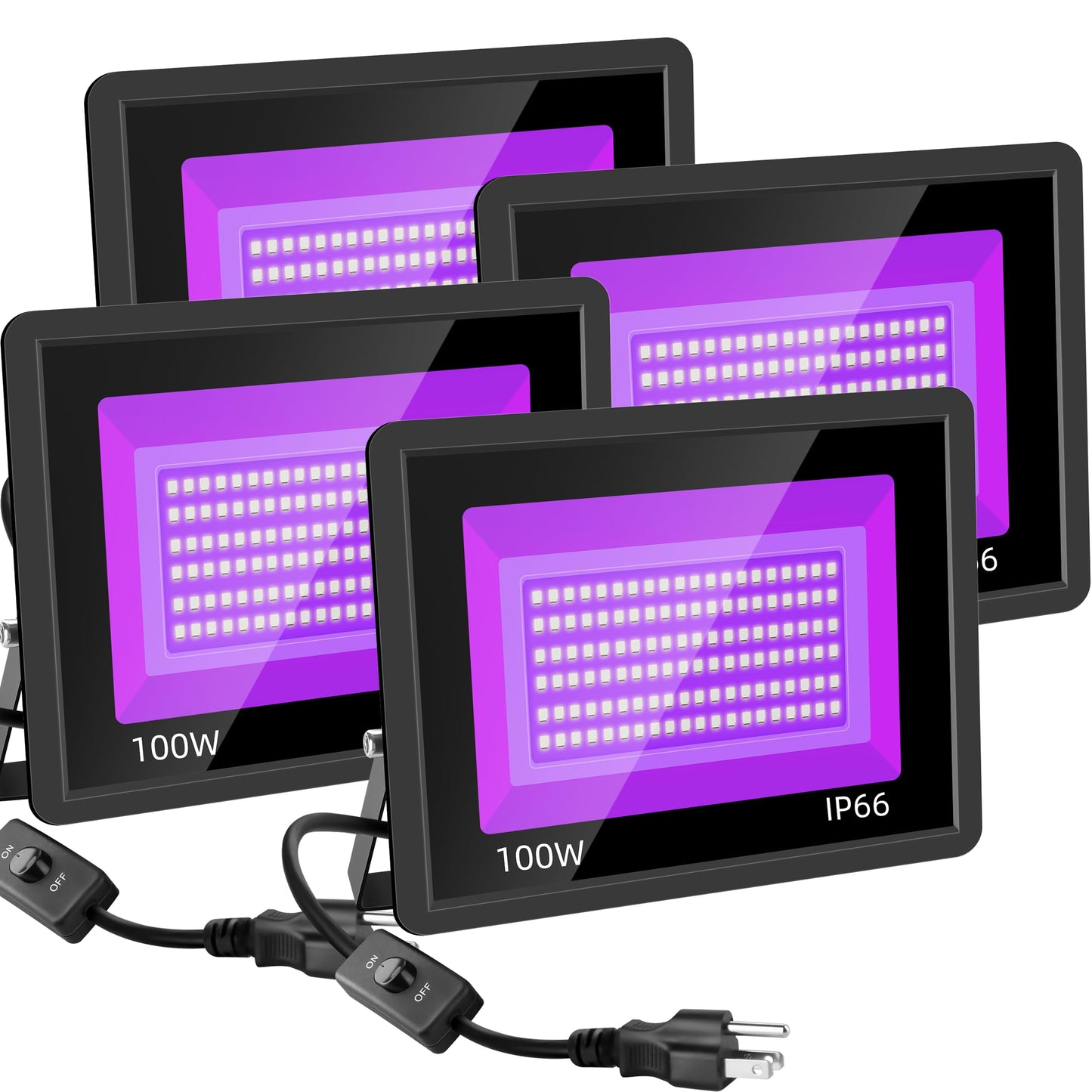 4 Pack 100W LED Black Lights, Blacklight Flood Light with Plug and Switch, IP66 Waterproof Blacklight for Halloween Party, Glow in The Dark, Stage Light, Body Paint, Neon Glow
