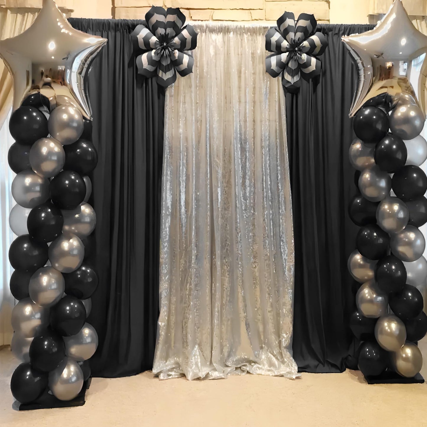 Black Backdrop Curtain 2 Panels-Wrinkle-Free Black Curtains Polyester Photography Drapes for Wedding Birthday Party Photo Background Backdrop Stand- 8 X10FT
