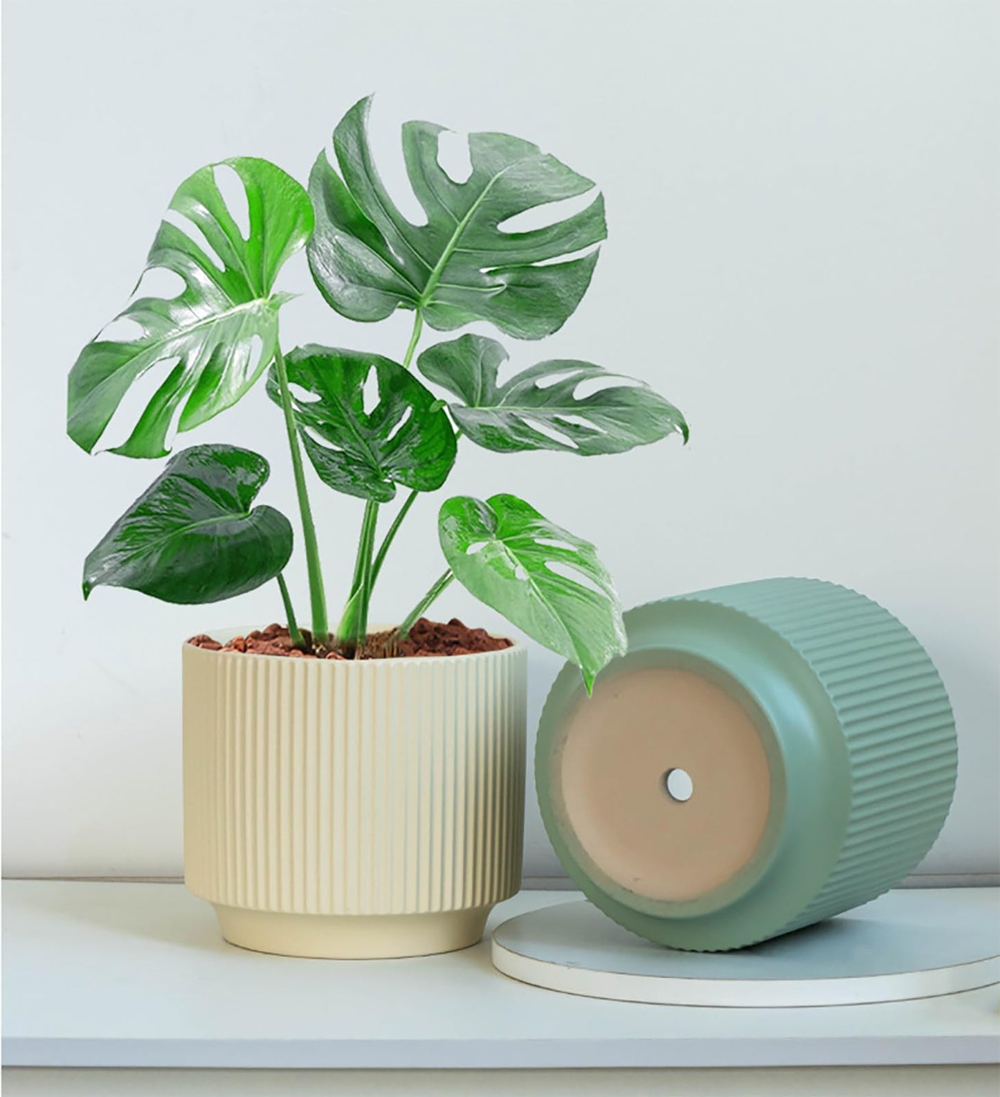 Puoyikt Ceramic 4.9+6.3 inch Planters, Modern Home and Office Flowerpot, Indoor and Outdoor Flowerpot with Drainage Hole (Green)