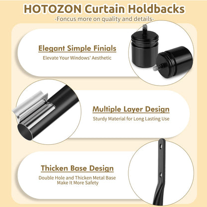 Curtain Holdbacks 2 Pack, HOTOZON Decorative Curtain Tieback with Screws Wall Mounted, Curtain Hooks for Drapes with Simple End Finials, Black (1 Pair/2 Pack), Large