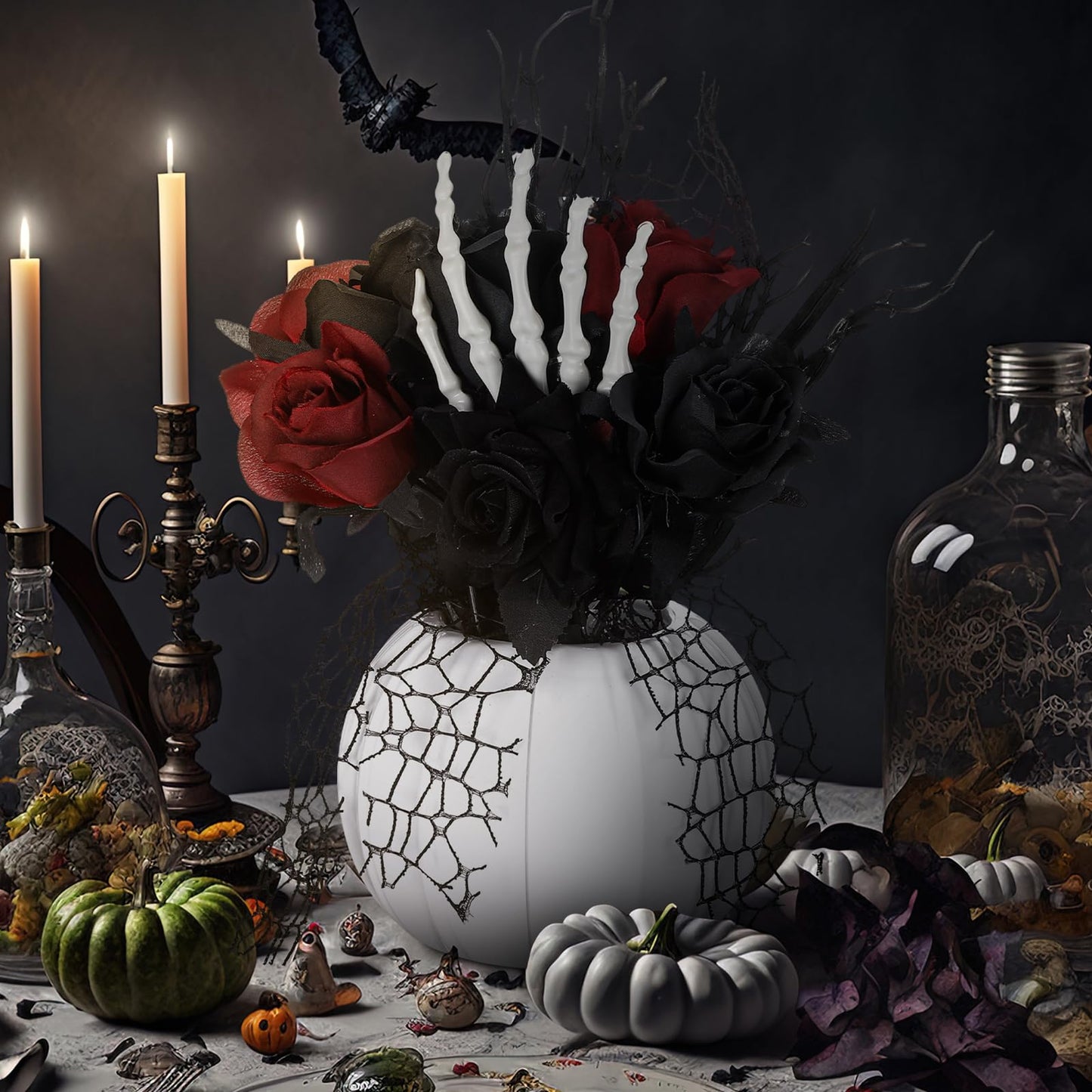 Chuangdi Halloween Table Centerpieces Decorations Halloween Table Artificial Flowers Decor Gothic Skeleton Hand with Black Red Fake Roses Removable Pumpkin Vase for Party Dining Photo Props