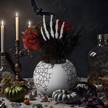 Chuangdi Halloween Table Centerpieces Decorations Halloween Table Artificial Flowers Decor Gothic Skeleton Hand with Black Red Fake Roses Removable Pumpkin Vase for Party Dining Photo Props