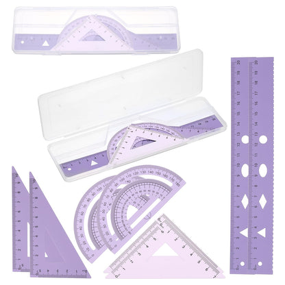 PATIKIL Geometry Set, 2 Pack 8 Inch Aluminum Ruler & 4 Triangles, Metal Protractor Ruler Math Drafting Measuring Tool for Home Office Math Drawing Engineering Art,Gradient Purple
