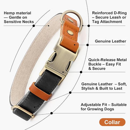 Plutus Pet Genuine Leather & Hemp Dog Collar – Adjustable Heavy Duty Pet Collar with Quick Release Metal Buckle, Soft & Stylish for Puppy and Small, Medium, Large Dogs (Black, XS)