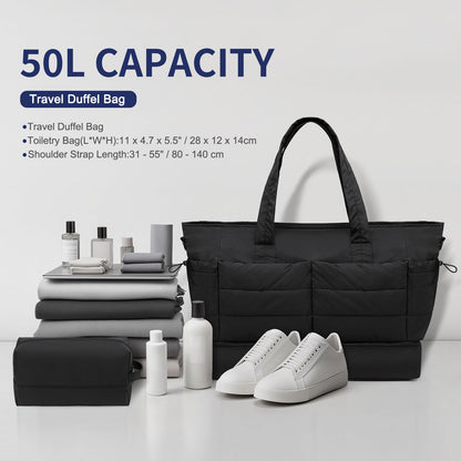 SUIKIHUM 50L Travel Duffel Bag for Women, Weekender Travel Bag with Shoe Compartment & Toiletry Bag, Overnight Carry On Bag for Gym Trip, Black