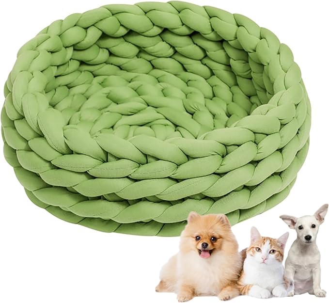Woven Dog Bed Basket, Knitted Cotton Cat Bed Round Washable Woven Cat Pet Bed Chunky Dog Basket, Orthopedic, Chunky Knit Dog Nest,Dog Bed,Dog Cave,Dog Bedding(Green 2,23")