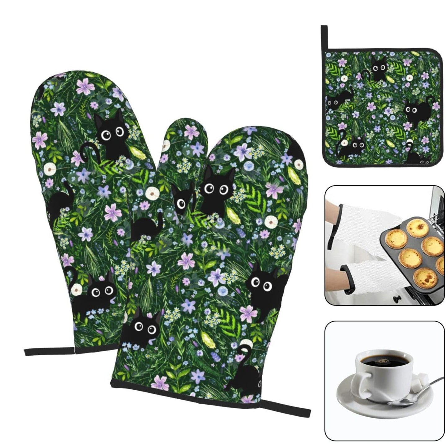 Spring Funny Black Cat Hot Pads and Oven Mitts Heat Resistant,Green Oven Gloves Pot Holders Set for Cooking Baking Grilling BBQ,Cute Cat Lover & Baking Gifts for Women