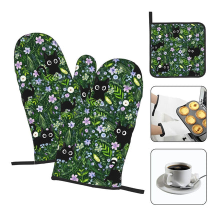 Spring Funny Black Cat Hot Pads and Oven Mitts Heat Resistant,Green Oven Gloves Pot Holders Set for Cooking Baking Grilling BBQ,Cute Cat Lover & Baking Gifts for Women