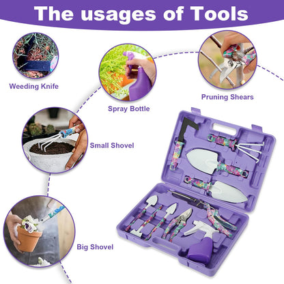 Gardening Gifts for Mom Kit with Purple Flower Print,Garden Hand Tool Set for Women Mothers Day Birthday Gift