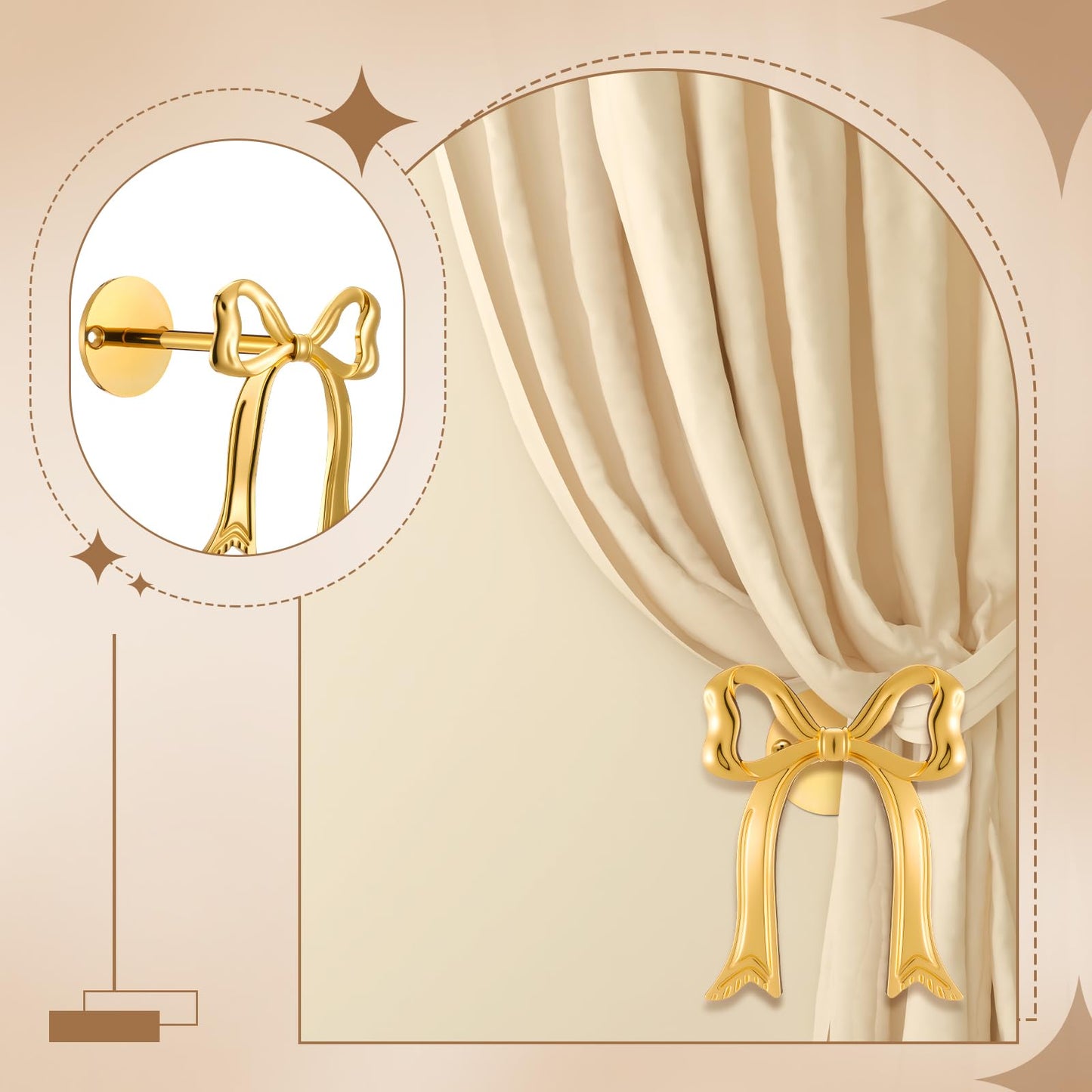 Blulu 2 Pcs Metal Bow Curtain Holdbacks Gold Wall Mounted Bow Curtain Hold Backs Curtains Modern Gold Holders for Living Room Bedroom Office Home