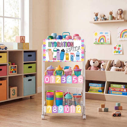Sieral Hydration Station Classroom Storage Trolley 3-tier Plastic Rolling Water Bottles Storage Car with Handle Hydration Station Sign Stickers Set for Classroom Office Water Bottle Organizer Supplies