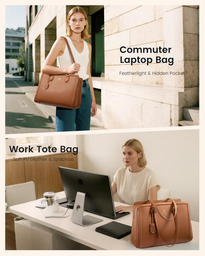 LOVEVOOK Laptop Tote Bag for Women,17.3 Inch Waterproof PU Leather Work Bag, Professional Computer Bags Business Office Work Briefcase Handbag Purse Shoulder, Office Gifts for Women, Brown