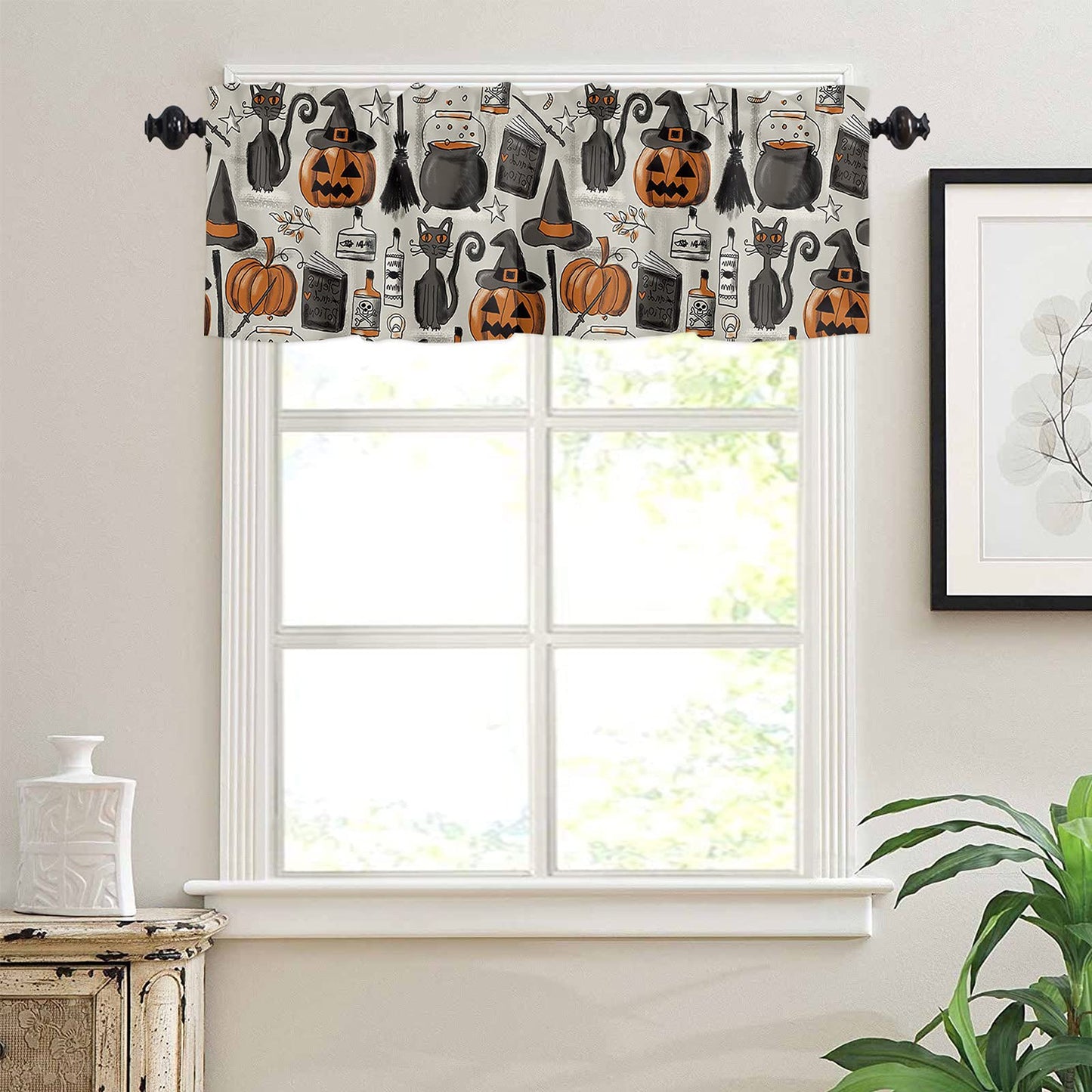 Halloween Curtains Valance for Bedroom Living Room, Pumpkin with Witch Hat Valance for Window , Curtains & Drapes Rod Pocket Black Cat Valances for Kitchen Window Curtains Over Sink 54x18in,1 Panel