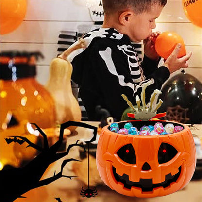 Animated Halloween Skull pumpkin Bowl trick or treat bucket talking large funny scary candy Bowl dispenser for porch hand grabber Candy treat plastic Dish with hand Creepy Moving supplies tray
