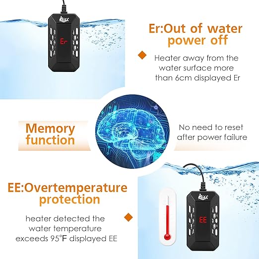 AQQA Aquarium Submersible Heater for Fish Tank,LED Temperature Display and Built-in Thermometer,External Controller Temperature Control Range 59℉-93℉,Safety Control Protects 50W