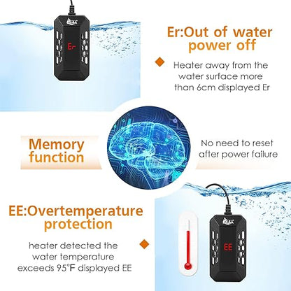 AQQA Aquarium Submersible Heater for Fish Tank,LED Temperature Display and Built-in Thermometer,External Controller Temperature Control Range 59℉-93℉,Safety Control Protects 50W