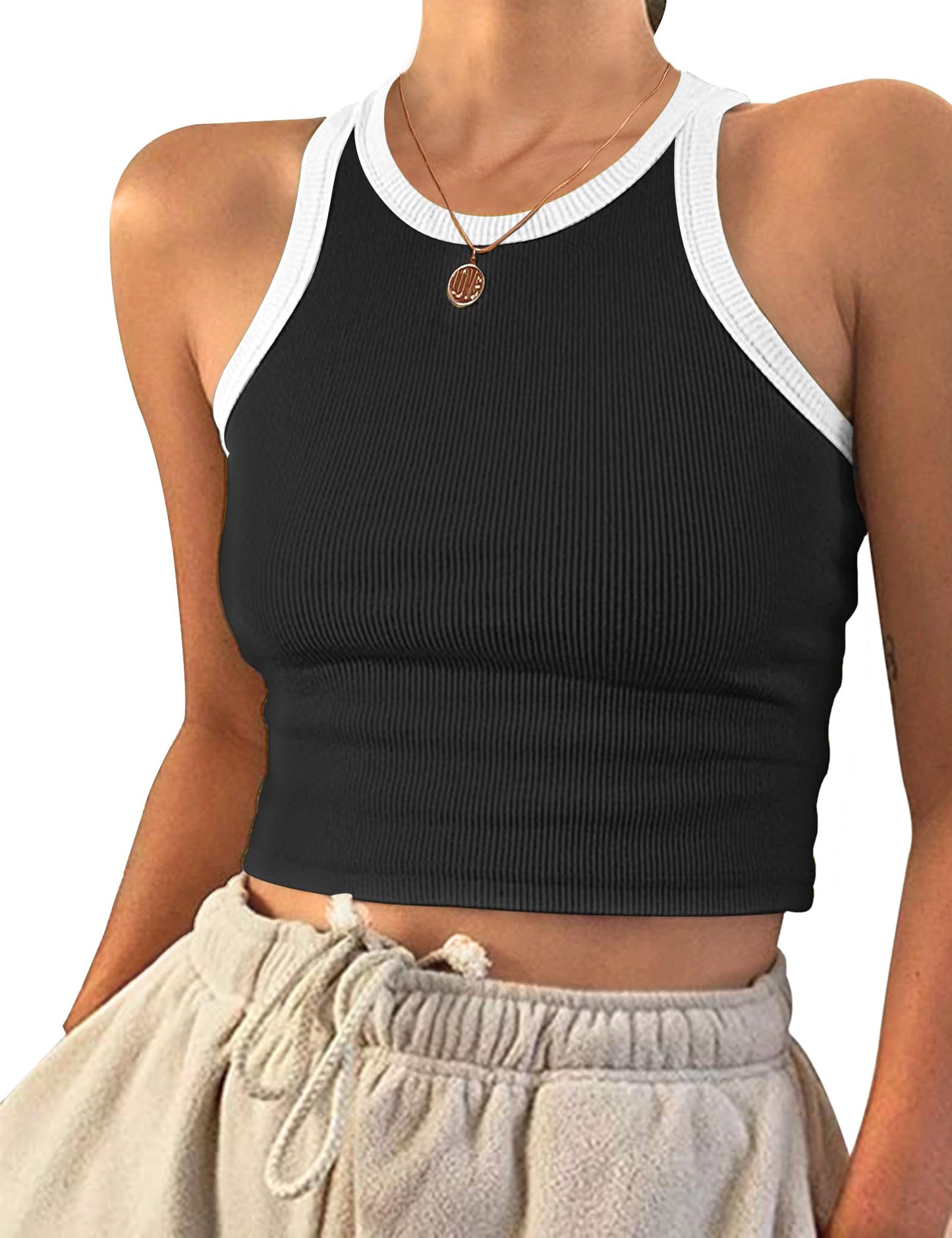 AUSELILY Womens Tank Top Womens Round Neck Basic Racerback Ribbed Tank Top Women(Black White,XL)
