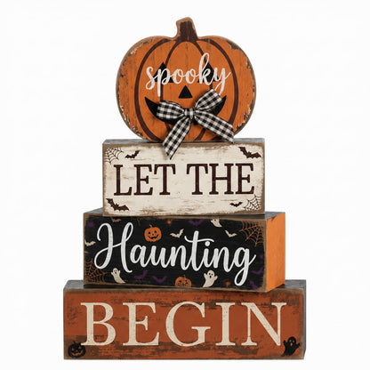 4 Pcs Halloween Table Decorations Pumpkin Bow Tiered Tray Decor Farmhouse Rustic Wooden Block Signs Spooky Halloween tabletop Centerpiece for Home Kitchen Mantel Shelf