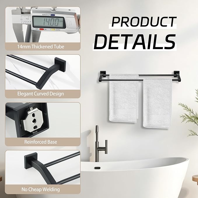 Alise Double Towel Bar, 28 Inch Towel Rack for Bathroom Wall Mounted, SUS304 Stainless Steel Bathroom Towel Holder Joining Process Towel Rail for Bathroom,Matte Black